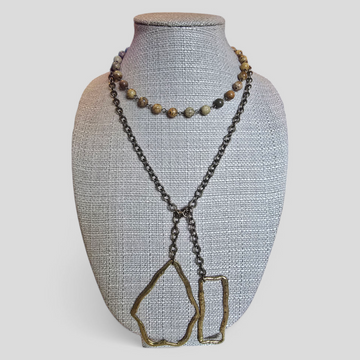 Brown Jade Lariat with Gold Cable Chain & Accents