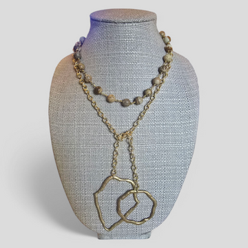 Jasper Stone Lariat with Gold Cable Chain & Accents