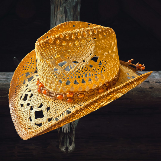 Boho Beaded Straw Cowboy Hat