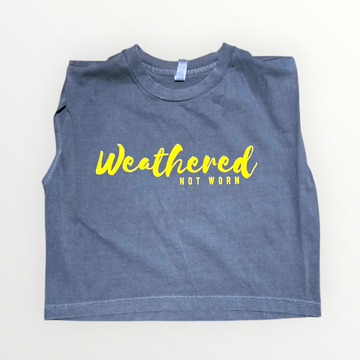 Vintage Blue Muscle Tee with Bright Yellow Logo - size S