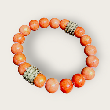 Orange Fossil Stone Bracelet with Gold Stainless Steel Accent Beads
