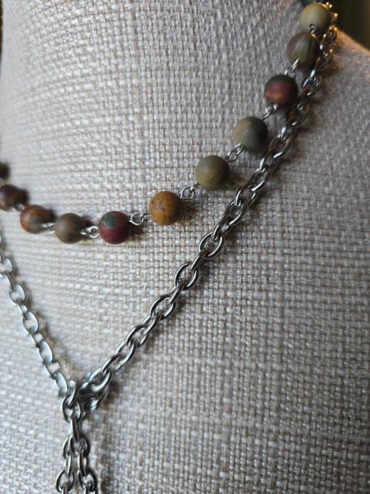 Matte Agate Stone Laureate with Stainless Steel Chain and Silver Brass Accent Pieces