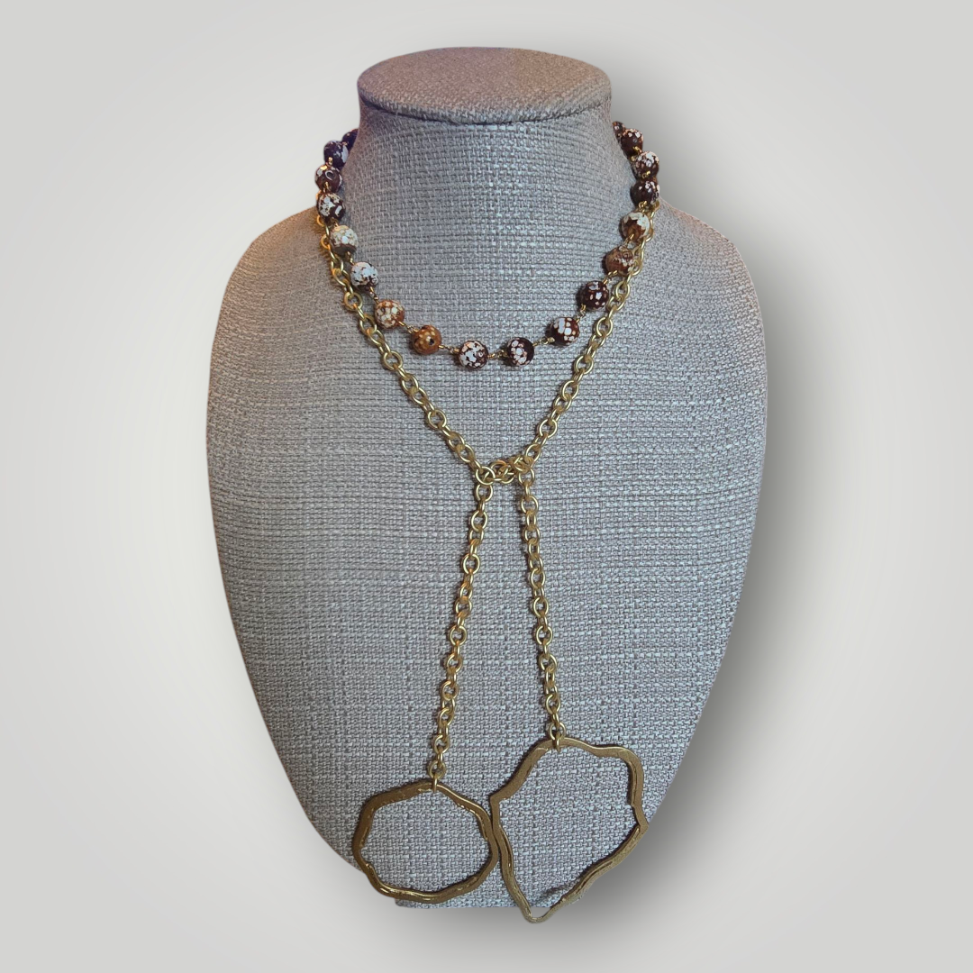 Jasper Stone Lariat with Antique Bronze Cable Chain & Bronze Accents