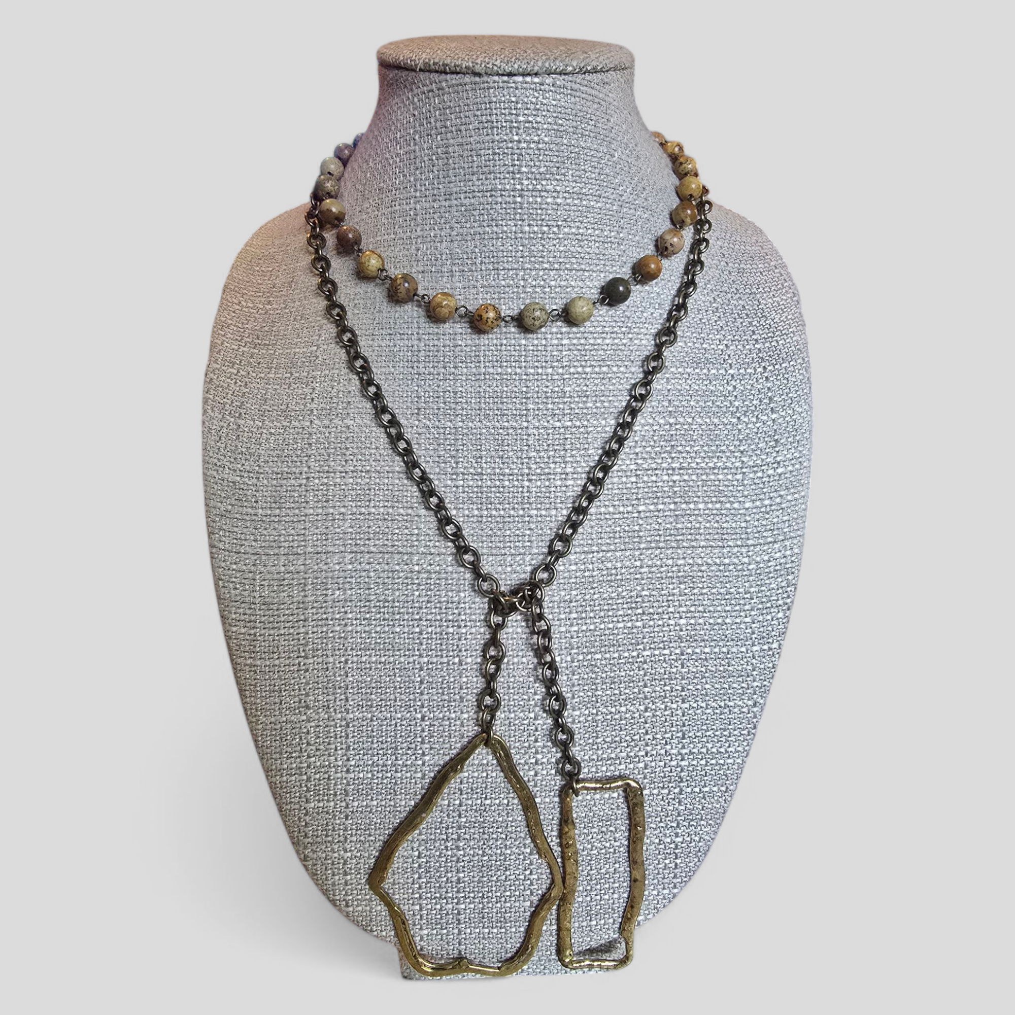 Brown Jade Lariat with Gold Cable Chain & Accents