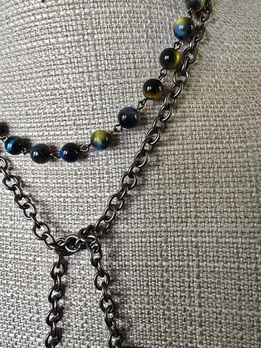 Multi-colored Tiger's Eye with Gunmetal Chain & Accents