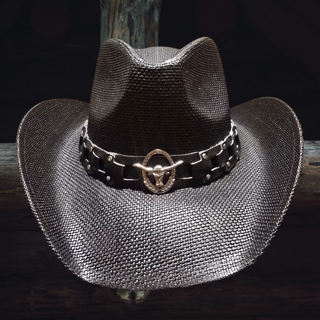 Round Steer Black Straw Cowboy Hat