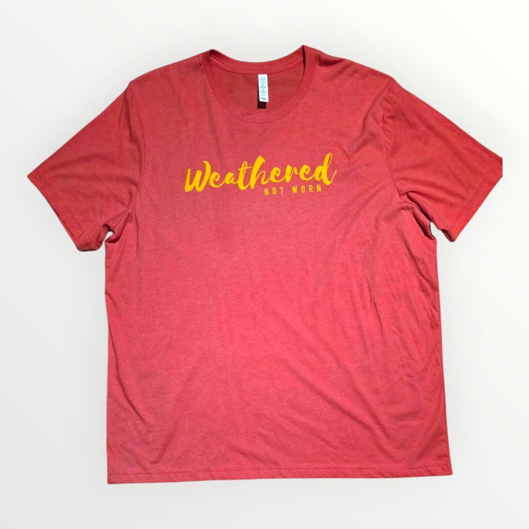 Heather Red Tee with Yellow Logo - size 2XL