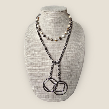 Wood Fossil Stone Lariat / Gunmetal Chain and Connectors