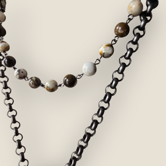 Wood Fossil Stone Lariat / Gunmetal Chain and Connectors