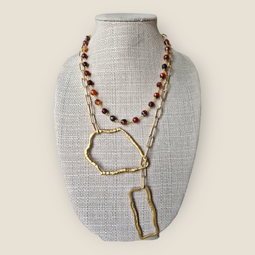 Carnelian Stone Lariat / Gold Stainless Steel Chain and Connectors