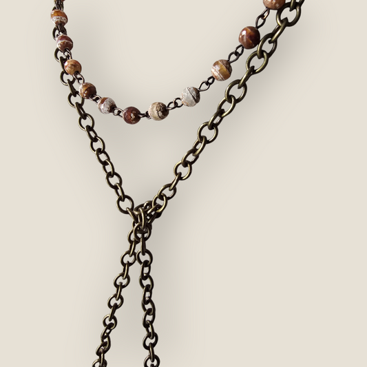 Tibetan Agate Lariat / Antique Bronze Chain and Connectors