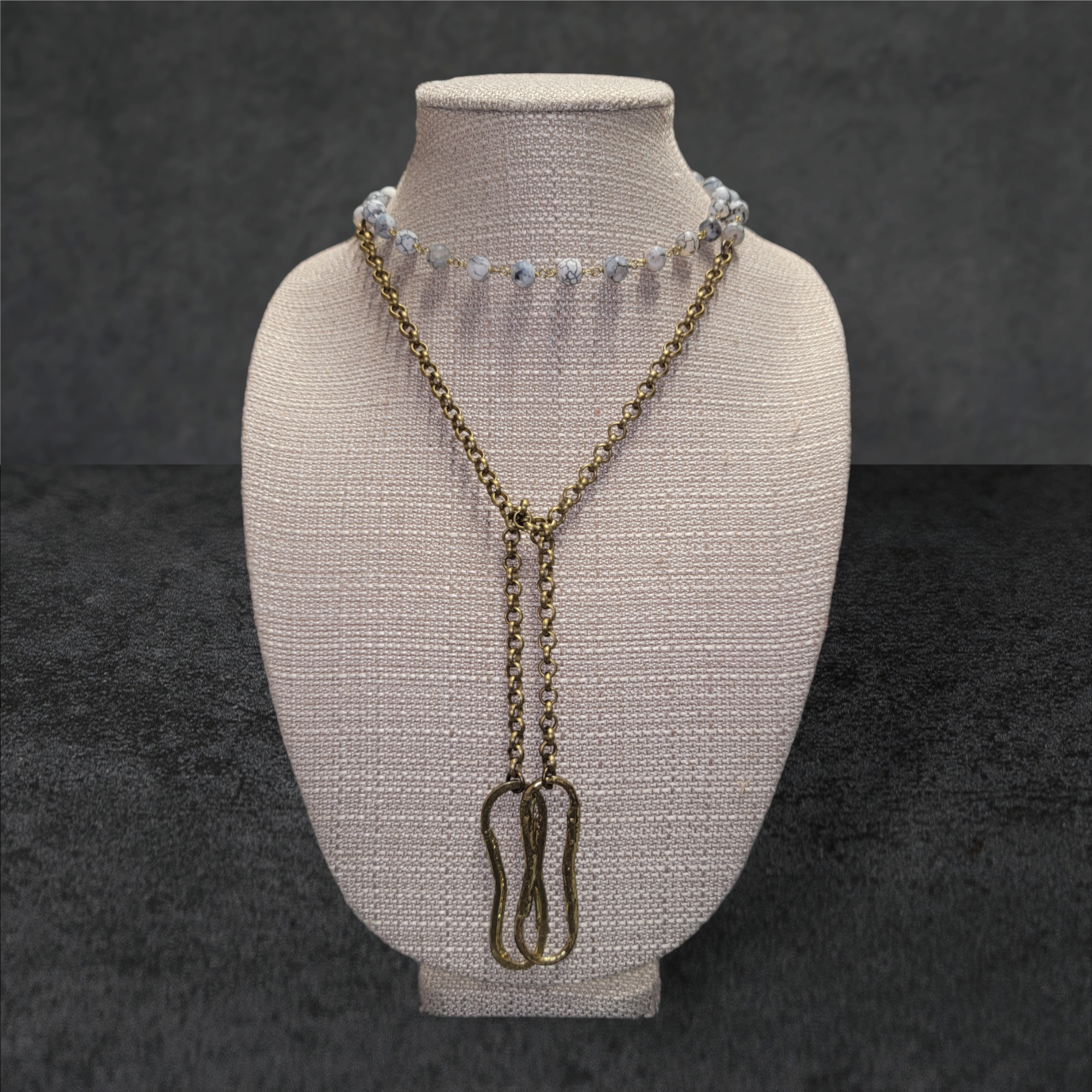Blue & White Matte Jasper Laureate with Antique Bronze Chain and Connector
