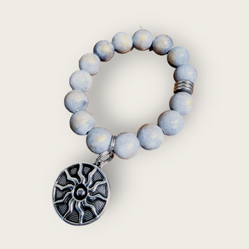 Grey & Gold Jade Bracelet with Silver Stainless Steel Accent Bead & Stainless Charm