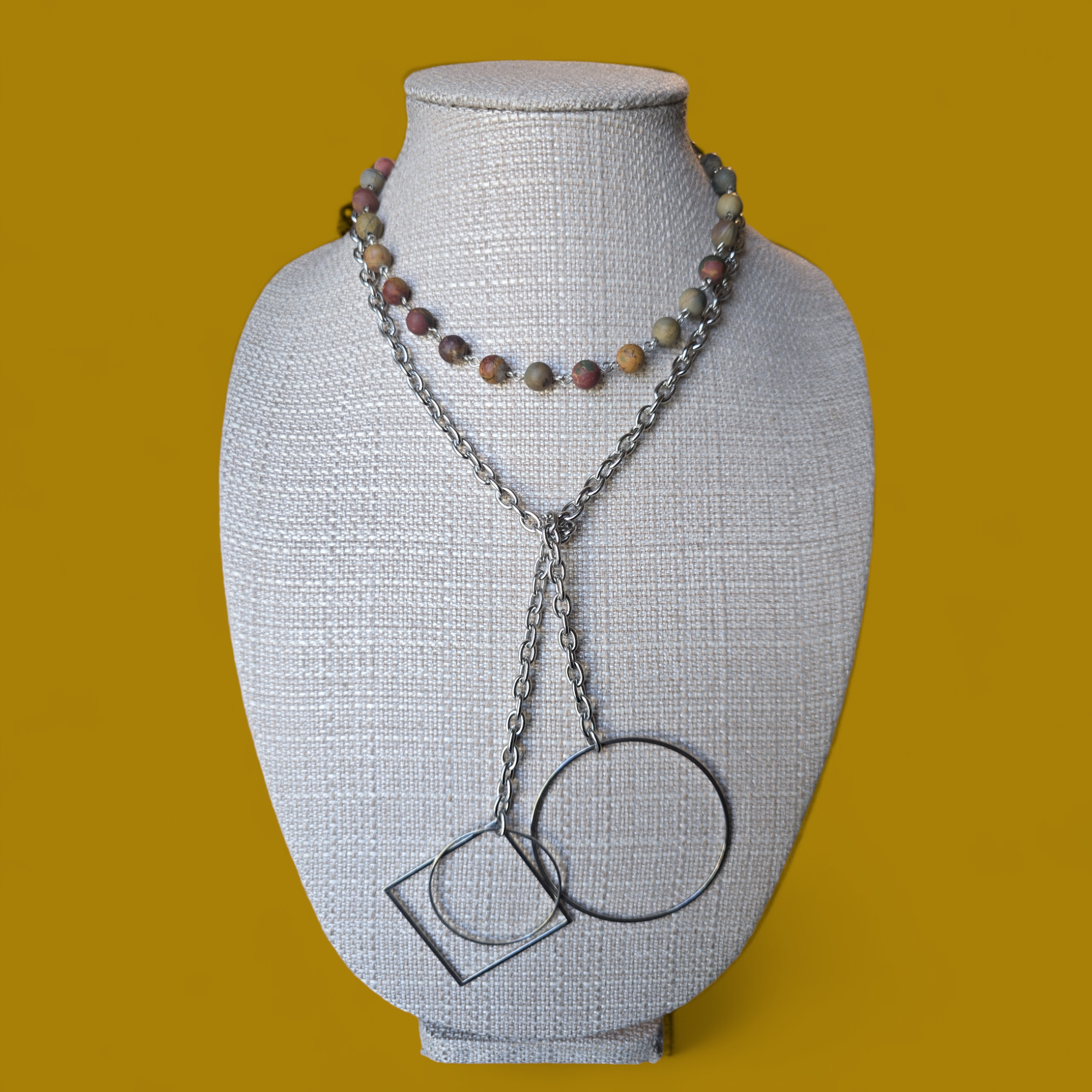 Matte Agate Stone Laureate with Stainless Steel Chain and Silver Brass Accent Pieces