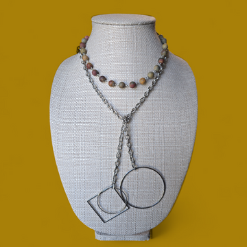 Matte Agate Stone Laureate with Stainless Steel Chain and Silver Brass Accent Pieces