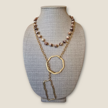 Earth Tone Agate Rosary Style Lariat with Matte Gold Chain and Connectors