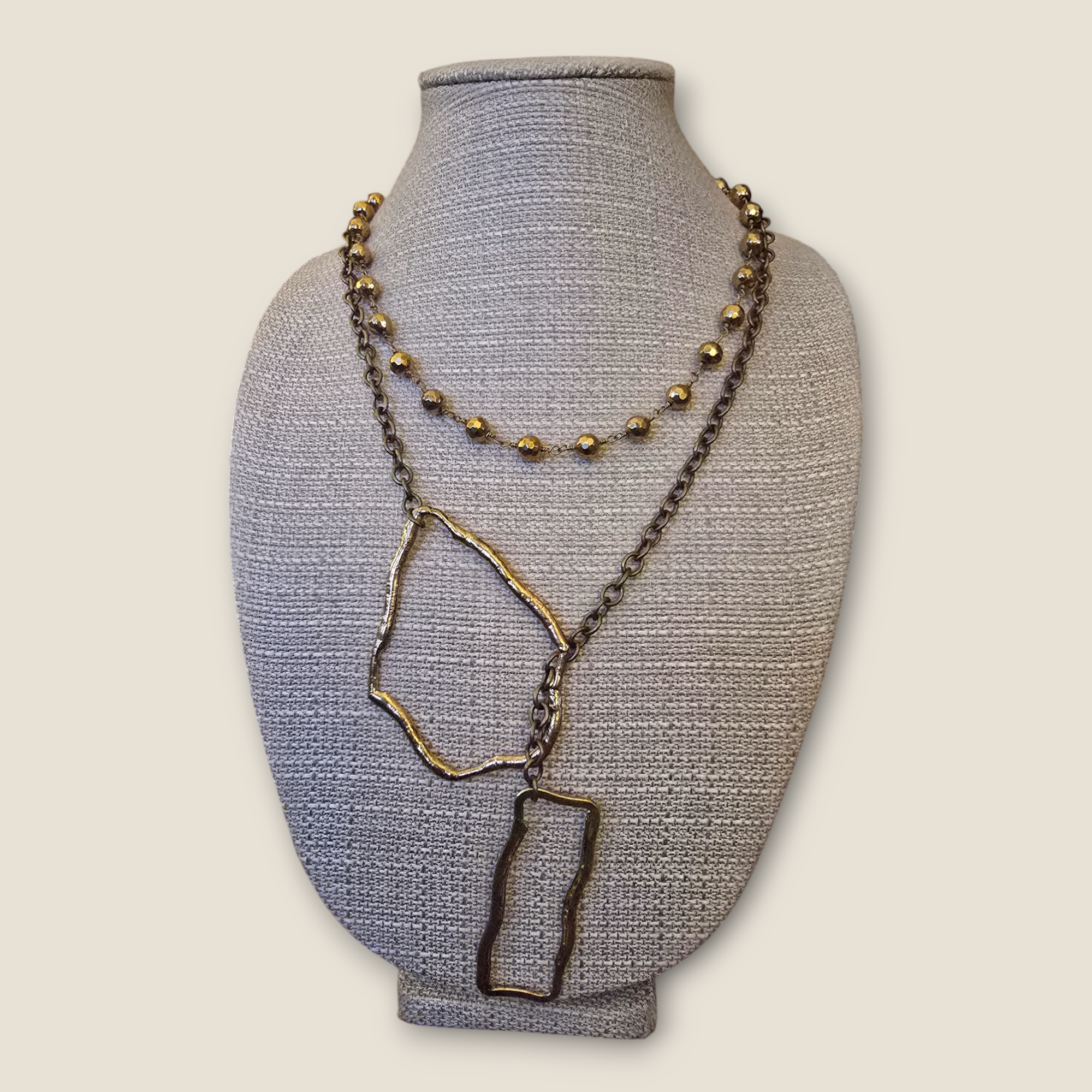 Gold Hematite Rosary Style Lariat with Antique Bronze Chain and Connectors