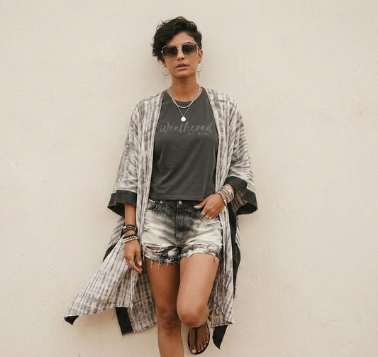 The Perfectly Imperfect Kimono (White Tie-dye w Gray Trim)