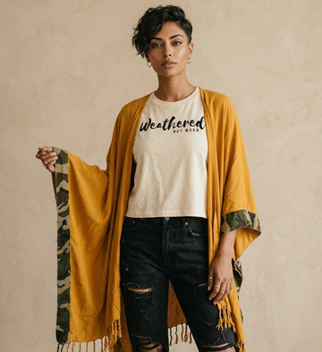 The Perfectly Imperfect Kimono - Short (Mustard / Camo Trim)