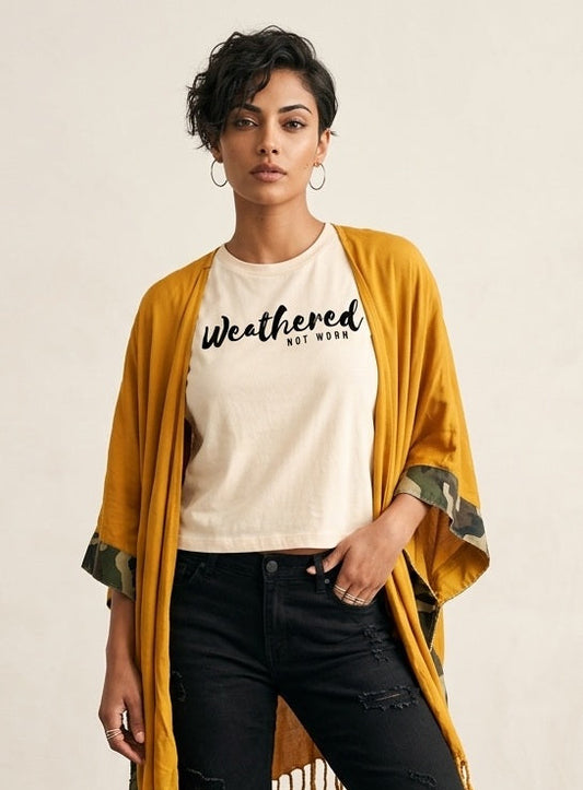 The Perfectly Imperfect Kimono - Short (Mustard / Camo Trim)