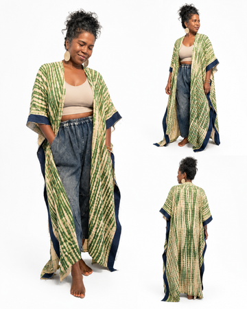 The Perfectly Imperfect Kimono (Green and Cream / Denim Trim)