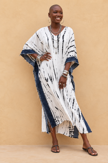 The Perfectly Imperfect Kaftan (White Tie-Dye / Denim Trim)