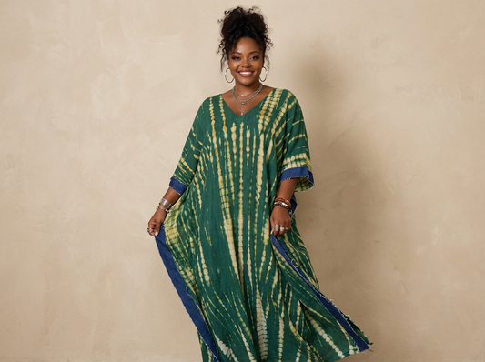 (PRE-ORDER) The Perfectly Imperfect Kaftan (Green Tie-Dye / Denim Trim)