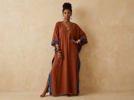 (PRE-ORDER) The Perfectly Imperfect Kaftan (Rust/ Denim Trim)