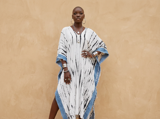 (PRE-ORDER) The Perfectly Imperfect Kaftan (White Tie-Dye / Denim Trim) (Copy)
