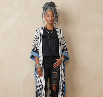 The Perfectly Imperfect Kimono (White Tie-dye w Denim Trim)