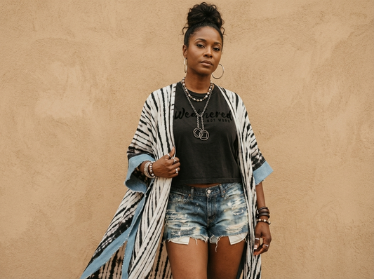 The Perfectly Imperfect Kimono (White Tie-dye w Denim Trim)
