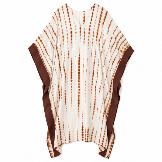 Brown Tie-Dye Kaftan | Brown Denim Trim | One Size