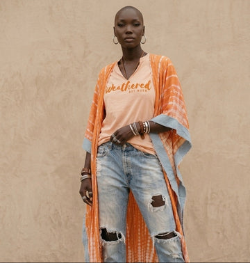 The Perfectly Imperfect Kimono (Orange tie-dye w Denim Trim)
