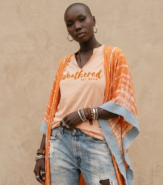 The Perfectly Imperfect Kimono (Orange tie-dye w Denim Trim)